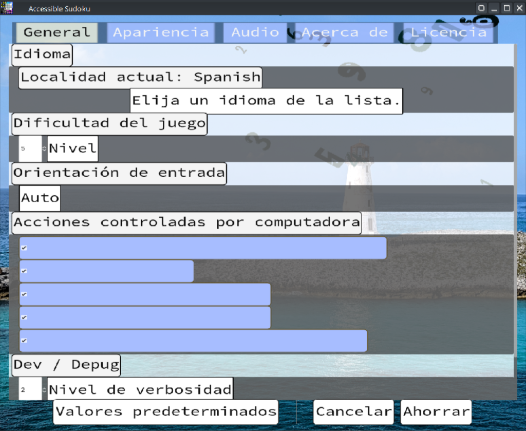 Options menu in Spanish