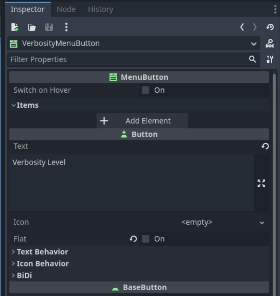 Inspector screenshot, showing Items under MenuButton.